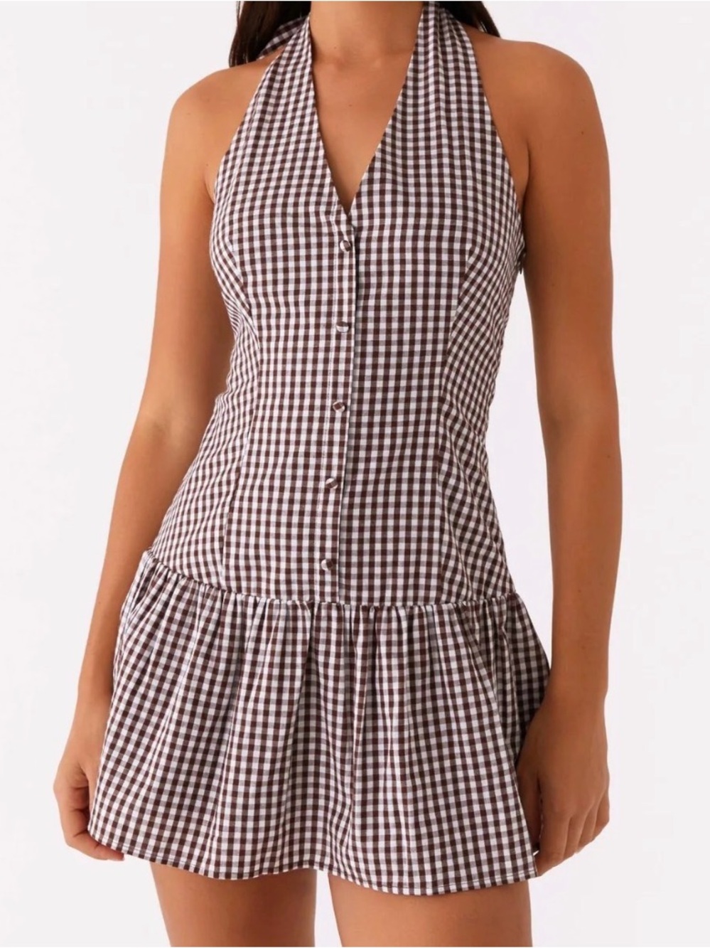 Peppermayo Brown and White Gingham Halter Mini Dress
